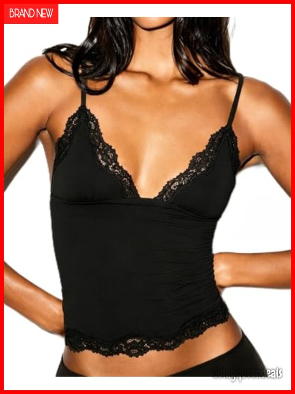 Women's V Neck Lace Trim Cami Tank Top Sleeveless Spaghetti Strap Slim Fit Y2K